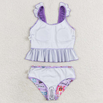 Baby Girls Swimsuits Purple Sleeveless Ruffle Top Bummies 2pcs Swimsuits S0389