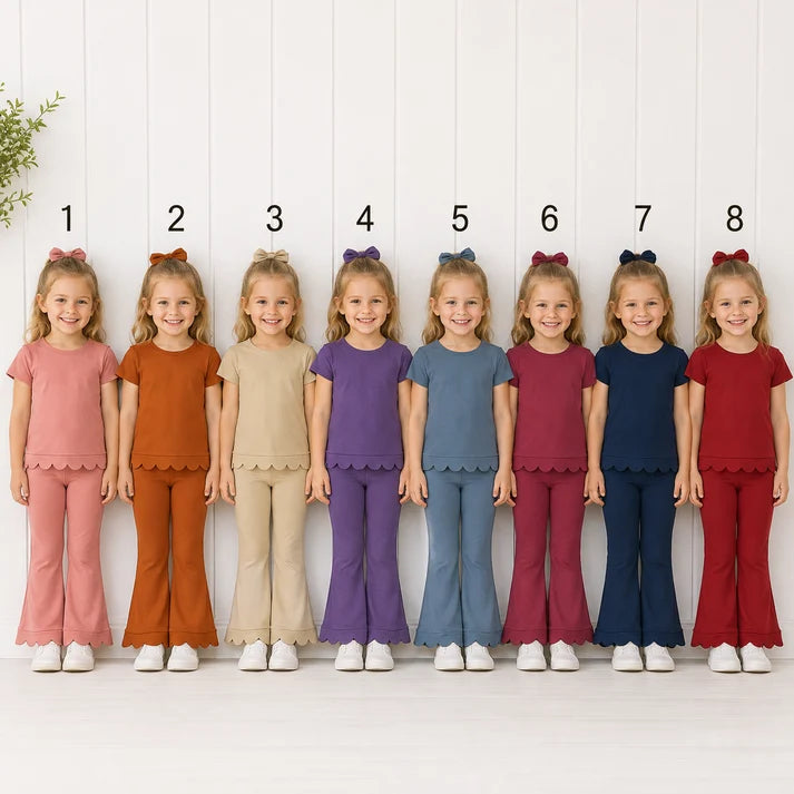 Sibling Baby Girls Short Sleeve Colorful Top Bell Bottom Pant Scallop Clothes Sets