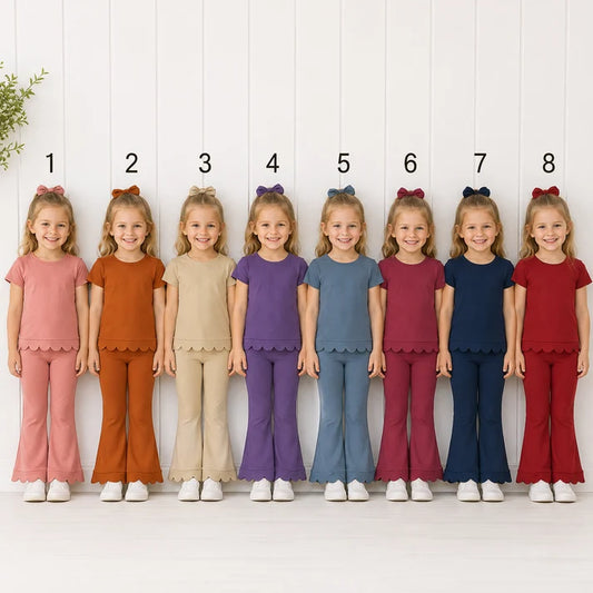 Sibling Baby Girls Short Sleeve Colorful Top Bell Bottom Pant Scallop Clothes Sets