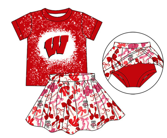 Preorder moq 5 red W bleached top bow skirt girls team outfits 8.23