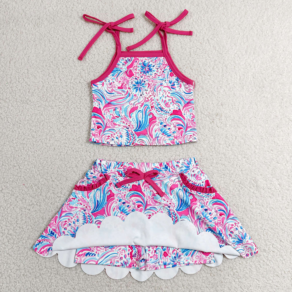 Baby Girls Clothes Strap Sea Plants Tops Pockets Scallop Skirt Short Yoga Active Clothes Set GSD3728