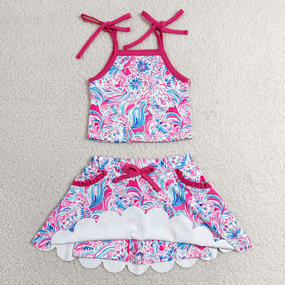 Baby Girls Clothes Strap Sea Plants Tops Pockets Scallop Skirt Short Yoga Active Clothes Set GSD3728