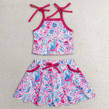 Baby Girls Clothes Strap Sea Plants Tops Pockets Scallop Skirt Short Yoga Active Clothes Set GSD3728