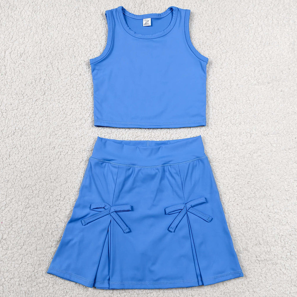Baby Girls Clothes Hot Blue Vest Top Bows Skirt Shorts Yoga Active Clothes Set GSD3761