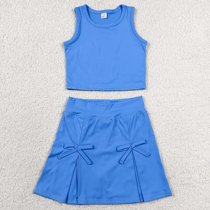 Baby Girls Clothes Hot Blue Vest Top Bows Skirt Shorts Yoga Active Clothes Set GSD3761