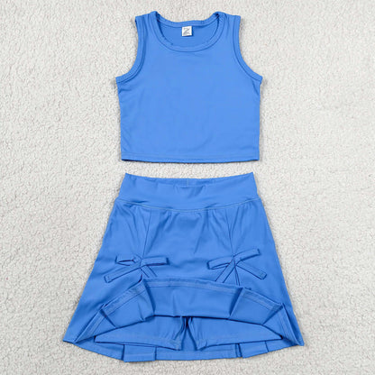 Baby Girls Clothes Hot Blue Vest Top Bows Skirt Shorts Yoga Active Clothes Set GSD3761