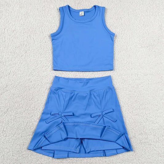 Baby Girls Clothes Hot Blue Vest Top Bows Skirt Shorts Yoga Active Clothes Set GSD3761
