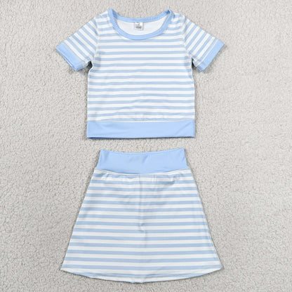 Baby Girls Clothes Light Blue Stripe Top Skirt Shorts Yoga Active Clothes Sets GSD4162
