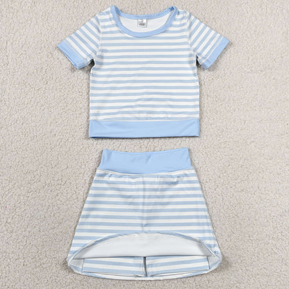 Baby Girls Clothes Light Blue Stripe Top Skirt Shorts Yoga Active Clothes Sets GSD4162