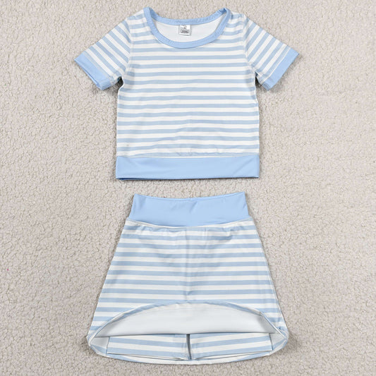 Baby Girls Clothes Light Blue Stripe Top Skirt Shorts Yoga Active Clothes Sets GSD4162