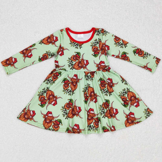 Christmas Cow Print Girls Dress Boutique Long Sleeve Dresses GLD0387