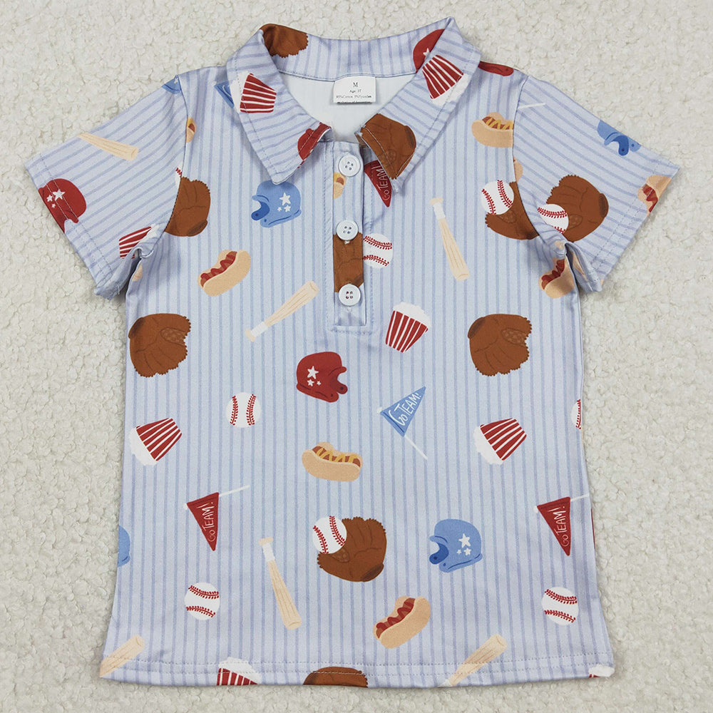 Baby Boys Clothes Blue Stripe Baseballs Team Button Polo Shirts Top BT1580 1.1