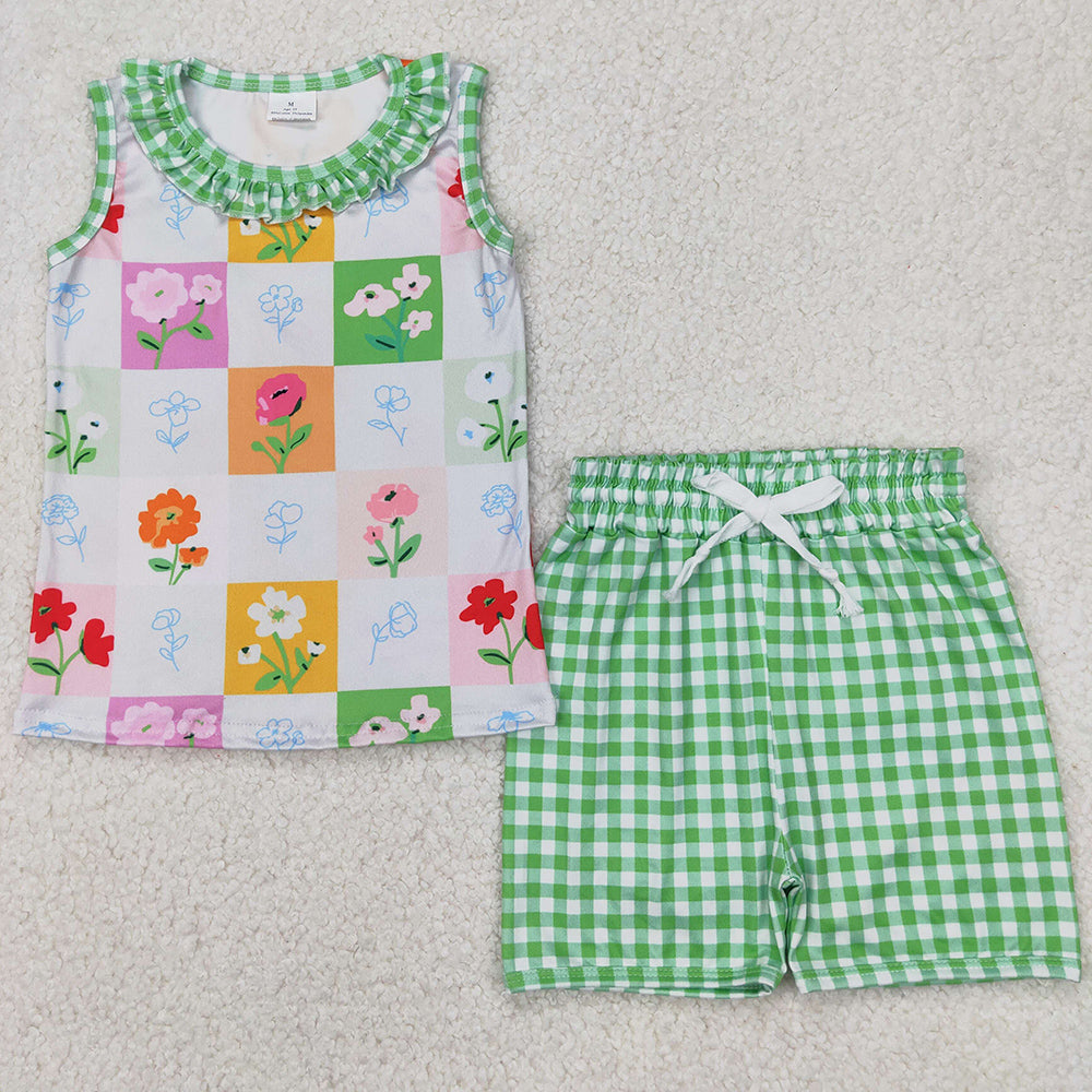 Baby Girls Clothes Green Plaid Sleeveless Floral Top Shorts Sets GSSO2415