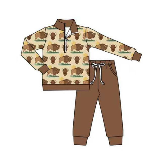 Preorder (moq 8)Baby Boys Brown Bulls Zipper Pullover Pockets Jogger Western Clothes Sets 9.24