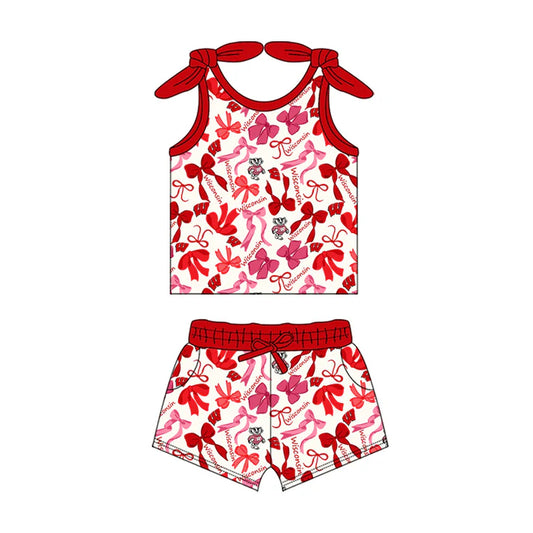 Preorder MOQ 5 pcs sleeveless W red bow top shorts girls team clothes 8.23