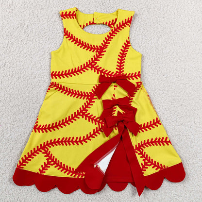 Baby Girls Dress Softball Bows Team Yoga Active Short Scallop Knee Length Dress GSD3834