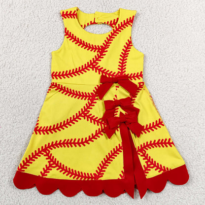 Baby Girls Dress Softball Bows Team Yoga Active Short Scallop Knee Length Dress GSD3834