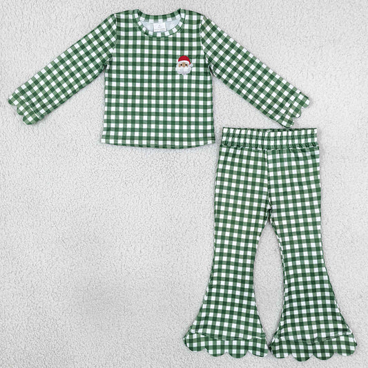 Baby Girls Clothes Embroidery Santa Green Checked Top Scallop Pant Christmas Set GLP3589