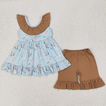 Baby Girls Clothes Sleeveless Dogs Ducks Tunic Khaki Ruffle Shorts Sets GSSO2385