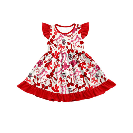 Preorder (moq 5) flutter sleeves W red bows girls team dress 8.22
