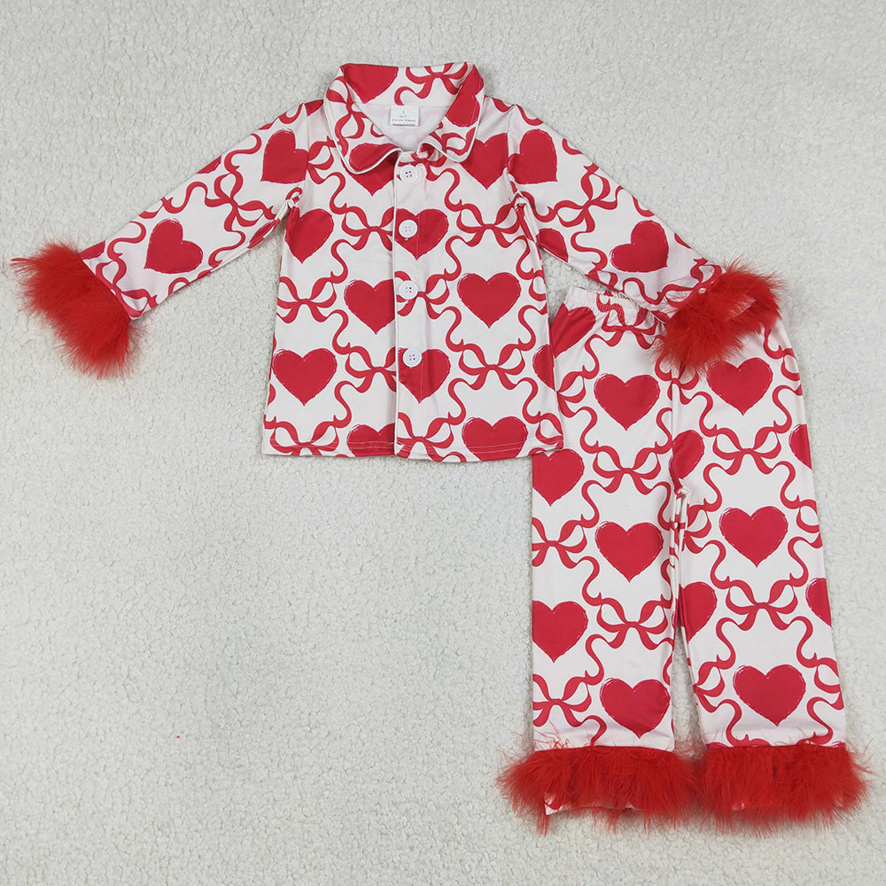 Baby Girls Pajamas Bow Hearts Checked Button Top Pant Valentines Fur Sleeve Pajamas Sets GLP3221 1.5