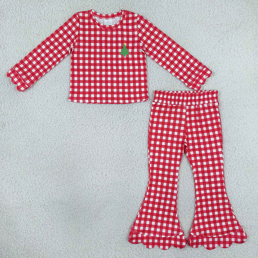 Baby Girls Clothes Embroidery Trees Red Checked Top Scallop Flare Pant Christmas Clothes Set GLP3590