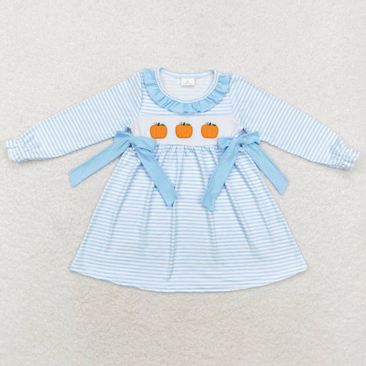 Baby Girls Dress Halloween Blue Stripes Pumpkin Bows Knee Length Dresses GLD0614