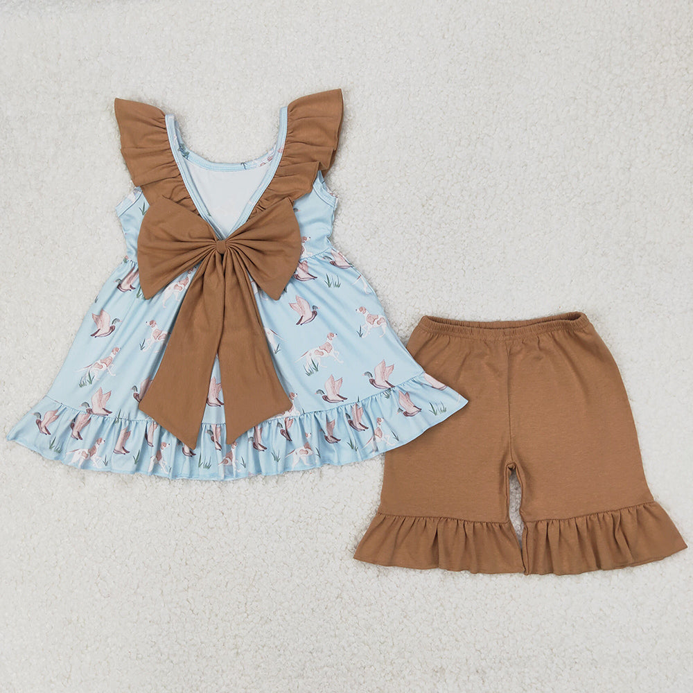 Baby Girls Clothes Sleeveless Dogs Ducks Tunic Khaki Ruffle Shorts Sets GSSO2385