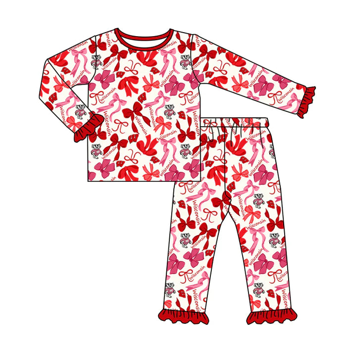 Preorder MOQ 5 Long sleeves W red yellow bow kids girls team pajamas 8.25
