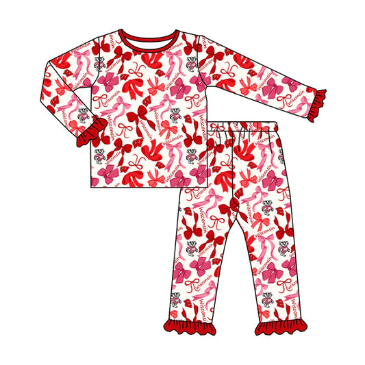 Preorder MOQ 5 Long sleeves W red yellow bow kids girls team pajamas 8.25