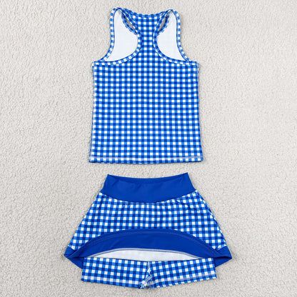 Baby Girls Clothes Sleeveless Blue Checked Tunic Skirt Short Yoga Active Clothes Sets GSD3652