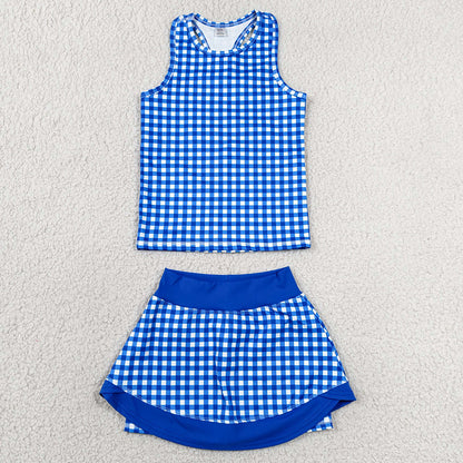 Baby Girls Clothes Sleeveless Blue Checked Tunic Skirt Short Yoga Active Clothes Sets GSD3652