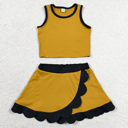 Baby Girls Clothes Gold Black Vest Scallop Skirt Short Yoga Active Clothes Set GSD4099