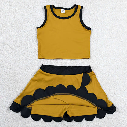 Baby Girls Clothes Gold Black Vest Scallop Skirt Short Yoga Active Clothes Set GSD4099