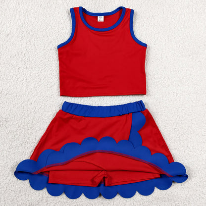 Baby Girls Clothes Red Hot Blue Vest Scallop Skirt Short Yoga Active Clothes Set GSD4097