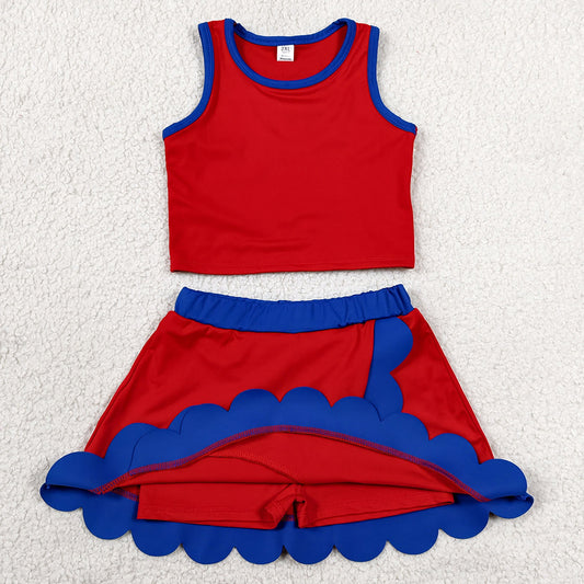Baby Girls Clothes Red Hot Blue Vest Scallop Skirt Short Yoga Active Clothes Set GSD4097