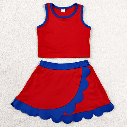 Baby Girls Clothes Red Hot Blue Vest Scallop Skirt Short Yoga Active Clothes Set GSD4097