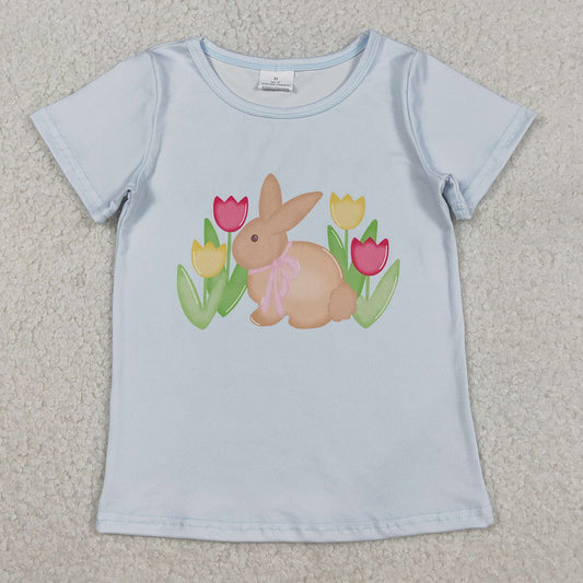 Baby Girls T-shirts Blue Short Sleeve Flowers Rabbits Easter T-shirts Top GT1398 12.2