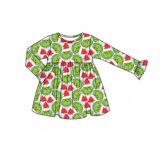Preorder(moq 5) Baby Girls Green Face Plaid Christmas Knee Length Dresses 8.15