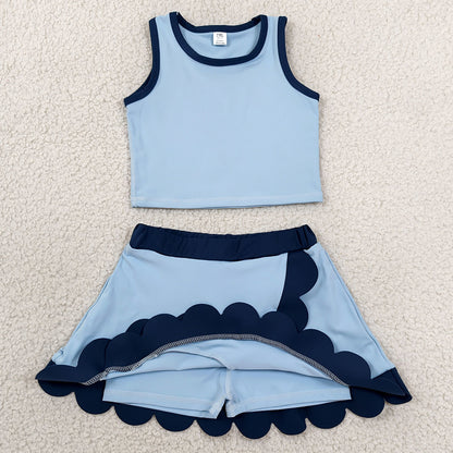 Baby Girls Clothes Blue Navy Vest Scallop Skirt Short Yoga Active Clothes Set GSD4082