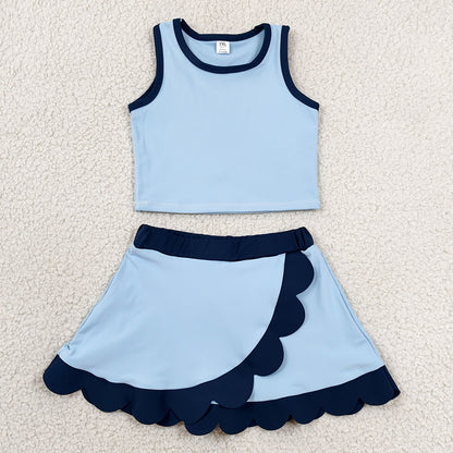 Baby Girls Clothes Blue Navy Vest Scallop Skirt Short Yoga Active Clothes Set GSD4082