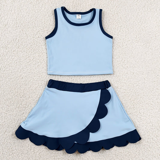 Baby Girls Clothes Blue Navy Vest Scallop Skirt Short Yoga Active Clothes Set GSD4082