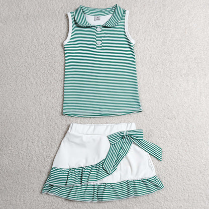 Baby Girls Clothes Green Stripe Button Vest Top Ruffle Skirt Short Yoga Active Clothes Set GSD4121
