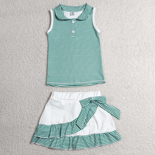 Baby Girls Clothes Green Stripe Button Vest Top Ruffle Skirt Short Yoga Active Clothes Set GSD4121