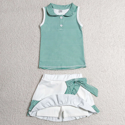 Baby Girls Clothes Green Stripe Button Vest Top Ruffle Skirt Short Yoga Active Clothes Set GSD4121