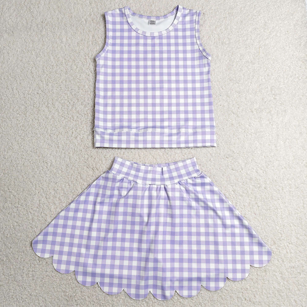 Baby Girls Clothes Lavender Checked Vest Scallop Skirt Short Yoga Active Clothes Set GSD4067