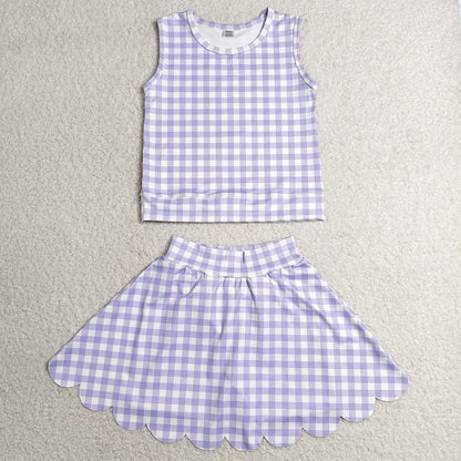 Baby Girls Clothes Lavender Checked Vest Scallop Skirt Short Yoga Active Clothes Set GSD4067