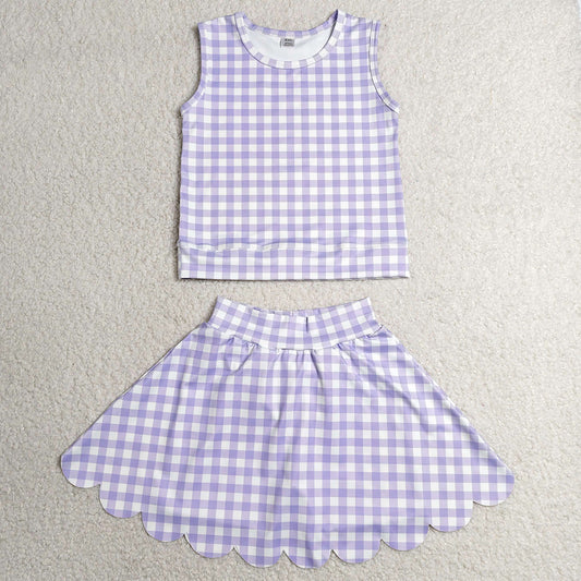 Baby Girls Clothes Lavender Checked Vest Scallop Skirt Short Yoga Active Clothes Set GSD4067