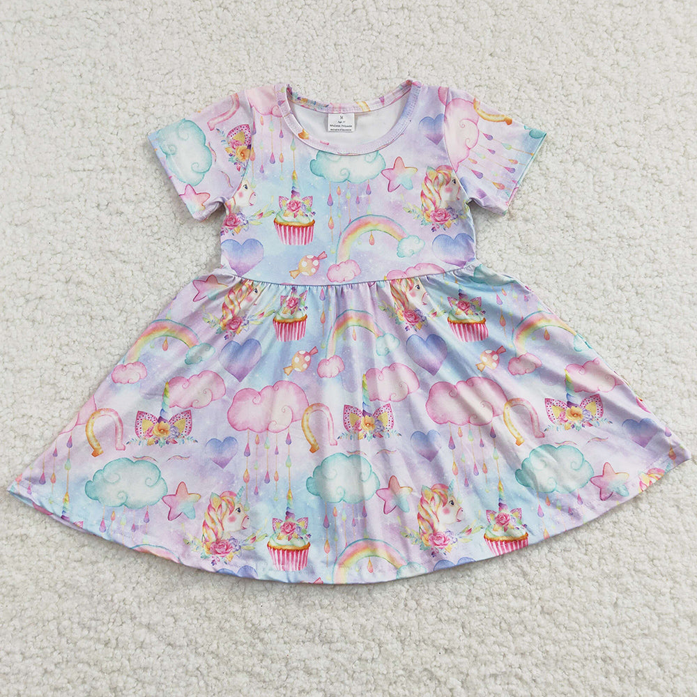 Unicorn Print Cute Girls Dress Short Sleeve Cute Baby Girl Dress GSD0166