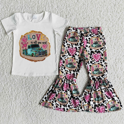Baby Girls Clothes Short Sleeve Bell Bottom Pants Love Heart Girls Outfits E13-26